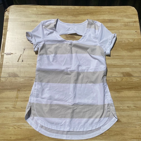 lululemon athletica White and Tan Striped Tee - Picture 1 of 4